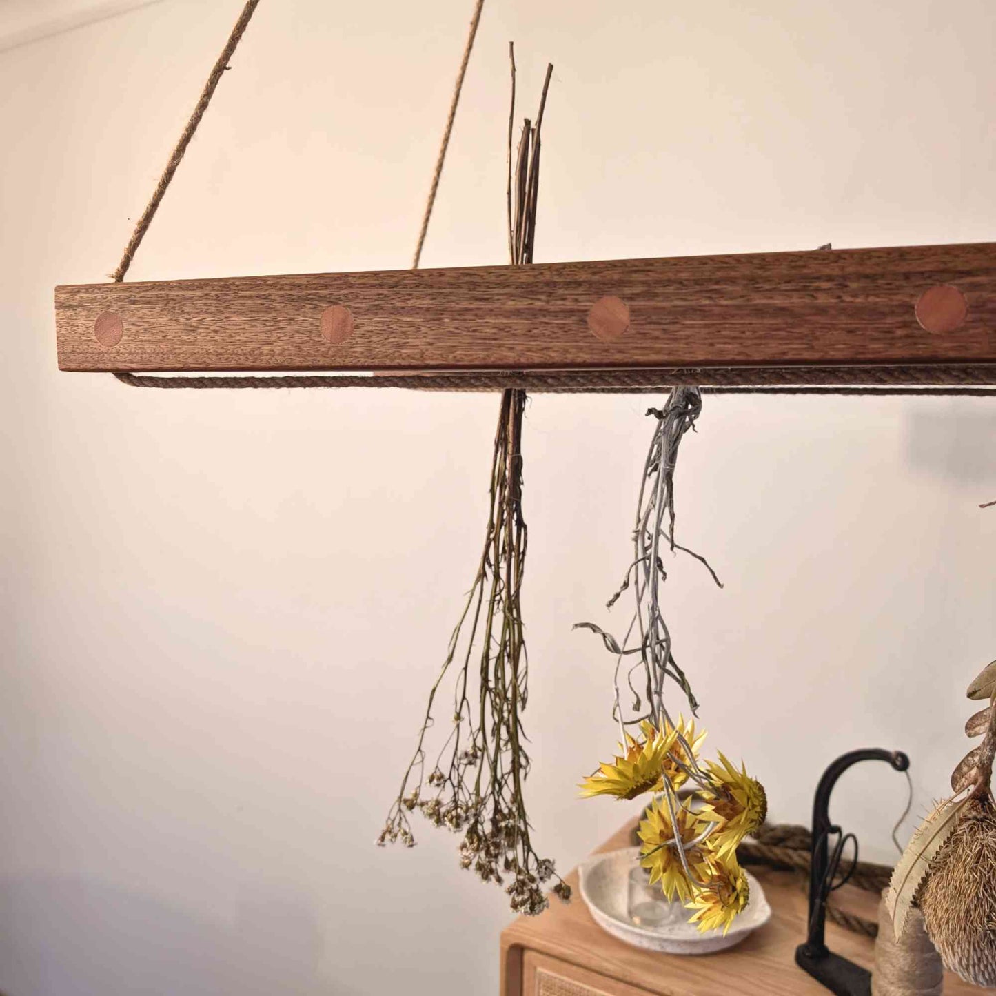 Handmade Flower & Herb Drying Rack | Australian Timber > Jute fastening under the timber rack > Flower drying > Flower and Herb Drying Rack