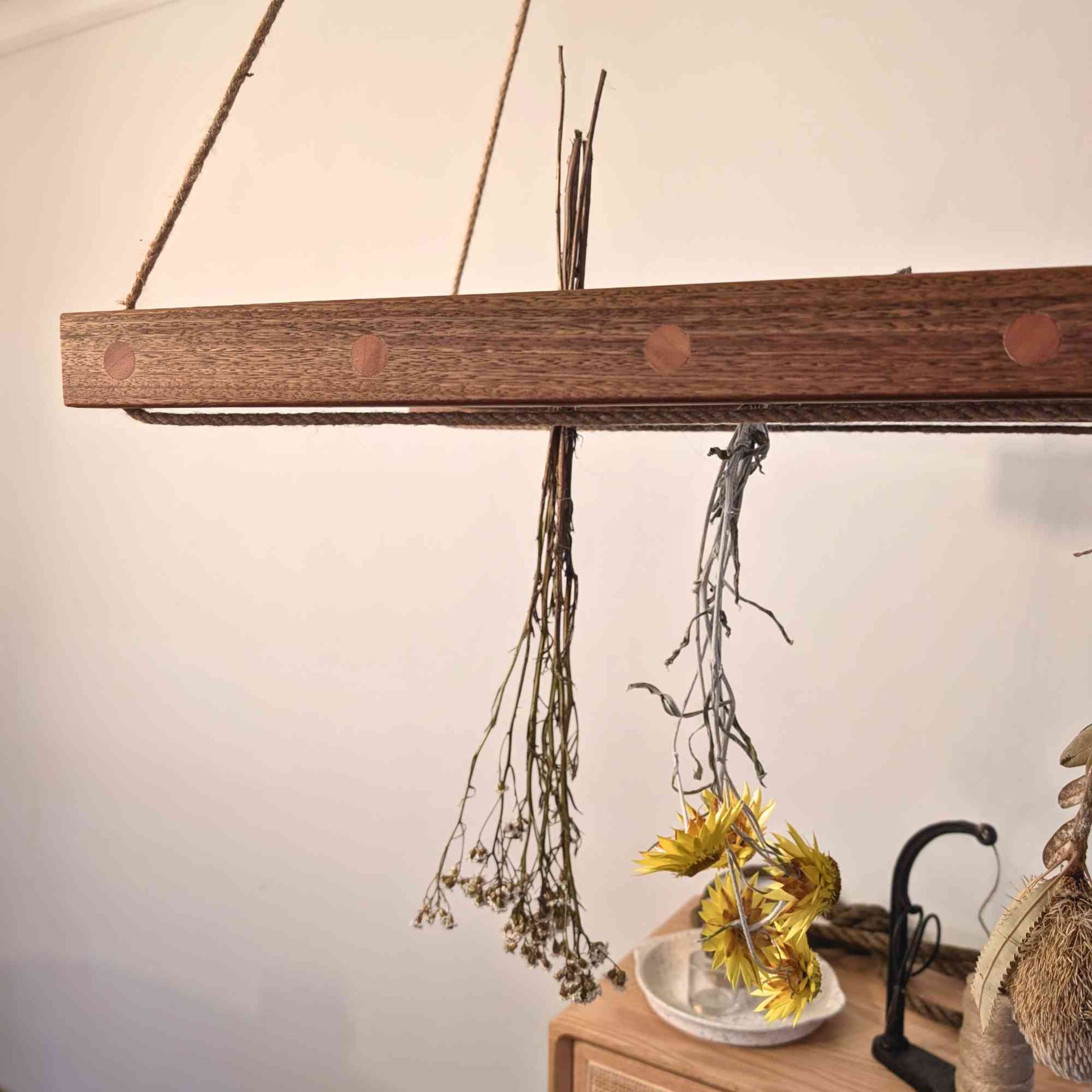 Handmade Flower & Herb Drying Rack | Australian Timber >  Jute fastening under the timber rack > Flower drying > Flower and Herb Drying Rack