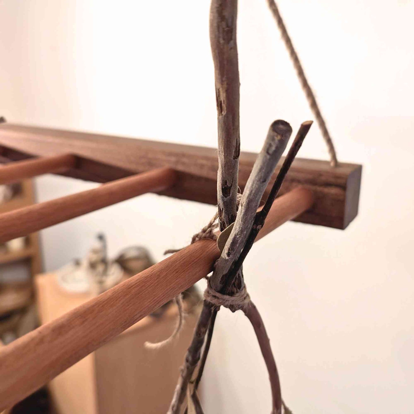 Handmade Flower & Herb Drying Rack | Australian Timber >  Stringing example of adding flowers or herbs to the rack > Flower drying > Flower and Herb Drying Rack